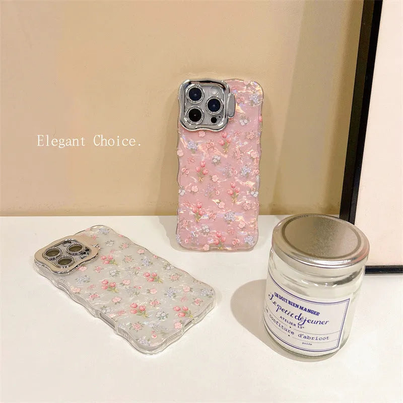 Acrylic shell pattern floral lens bracket protective case for Apple iPhone in wave pink