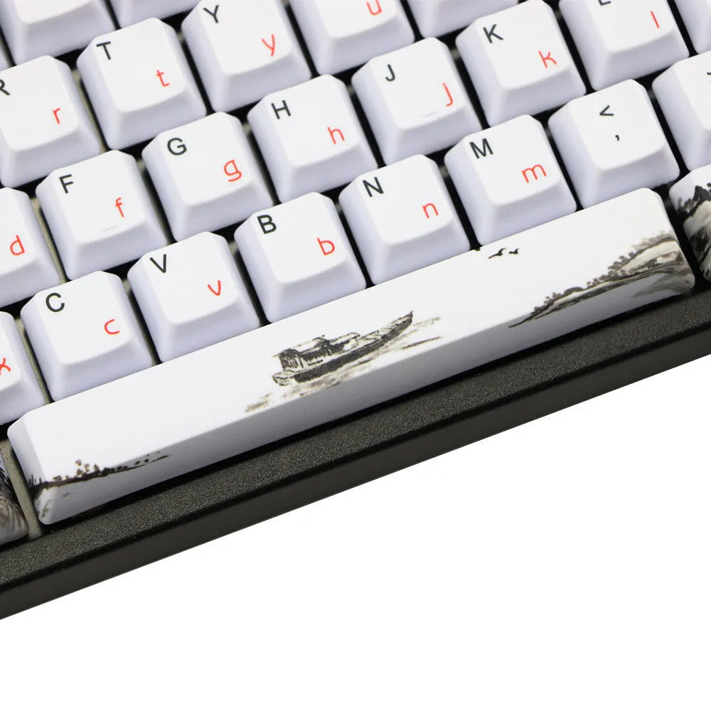 PBT Wangjiang plum blossom theme keycap set with Korean legends on a keyboard.