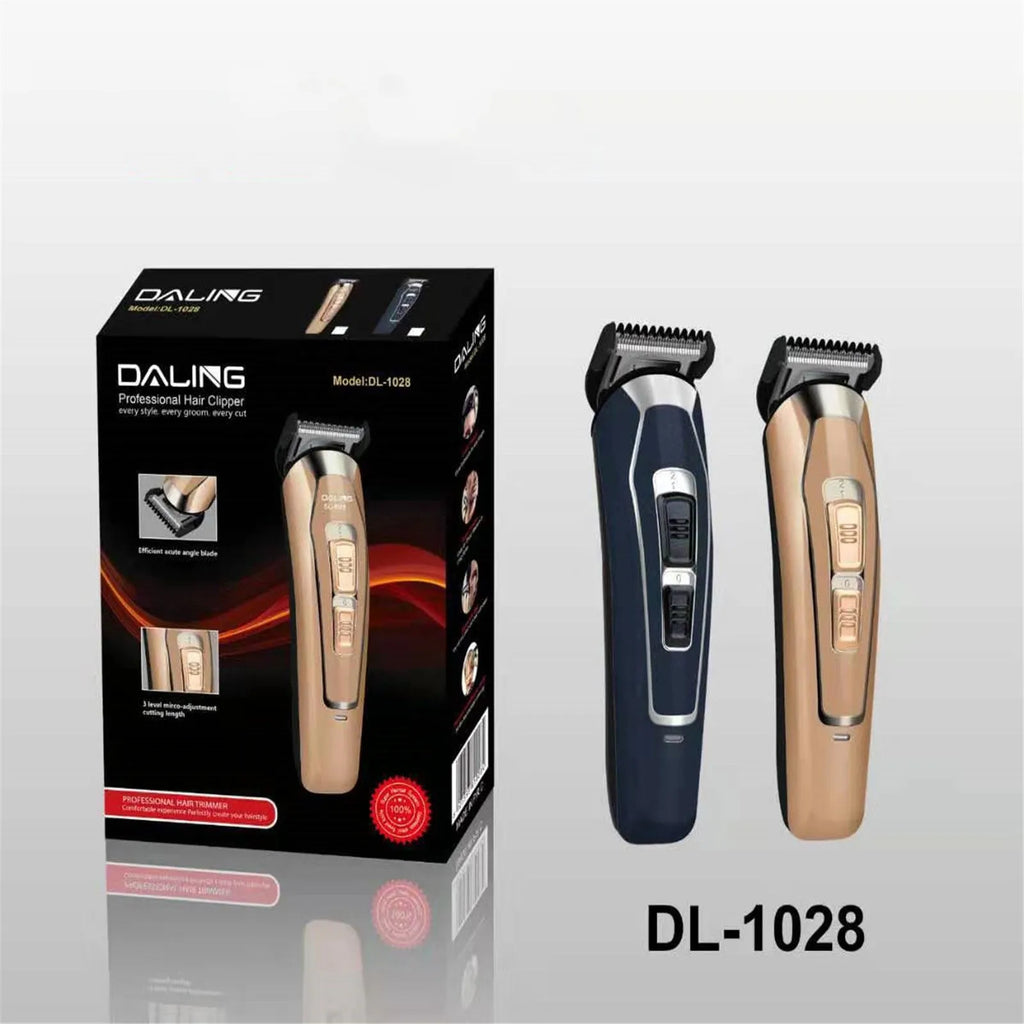Dark blue rechargeable electric hair clipper with stainless steel blades on white background