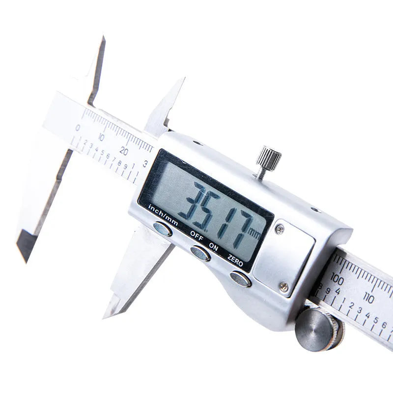 Deli digital vernier caliper stainless steel precision measuring tool with LCD display showing measurement