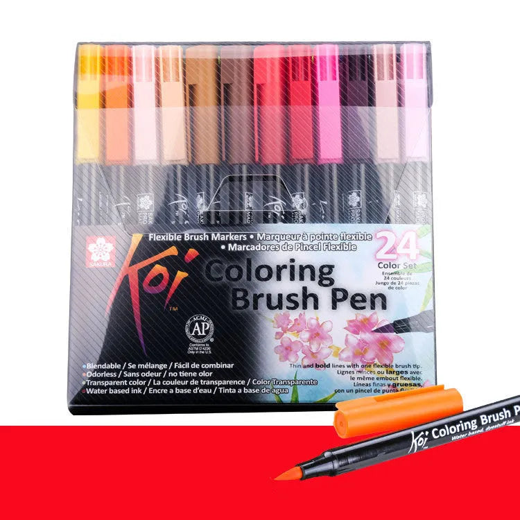 Set of water-based watercolour markers with soft brush tips, showing 6, 12 and 24 colour pack options.