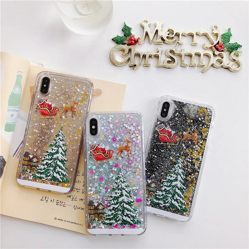 Transparent quicksand effect phone case with Santa Claus and Christmas tree design for iPhone and Samsung