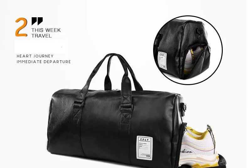 Black waterproof sports fitness bag with a separate shoe compartment, shown in two size options.