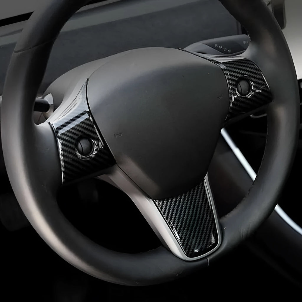 3 piece carbon fibre look ABS plastic steering wheel trim set for Tesla Model 3 with logo