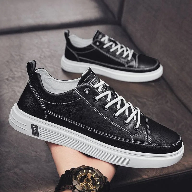 Men's white casual flat shoes with round toe and PU upper on a plain background