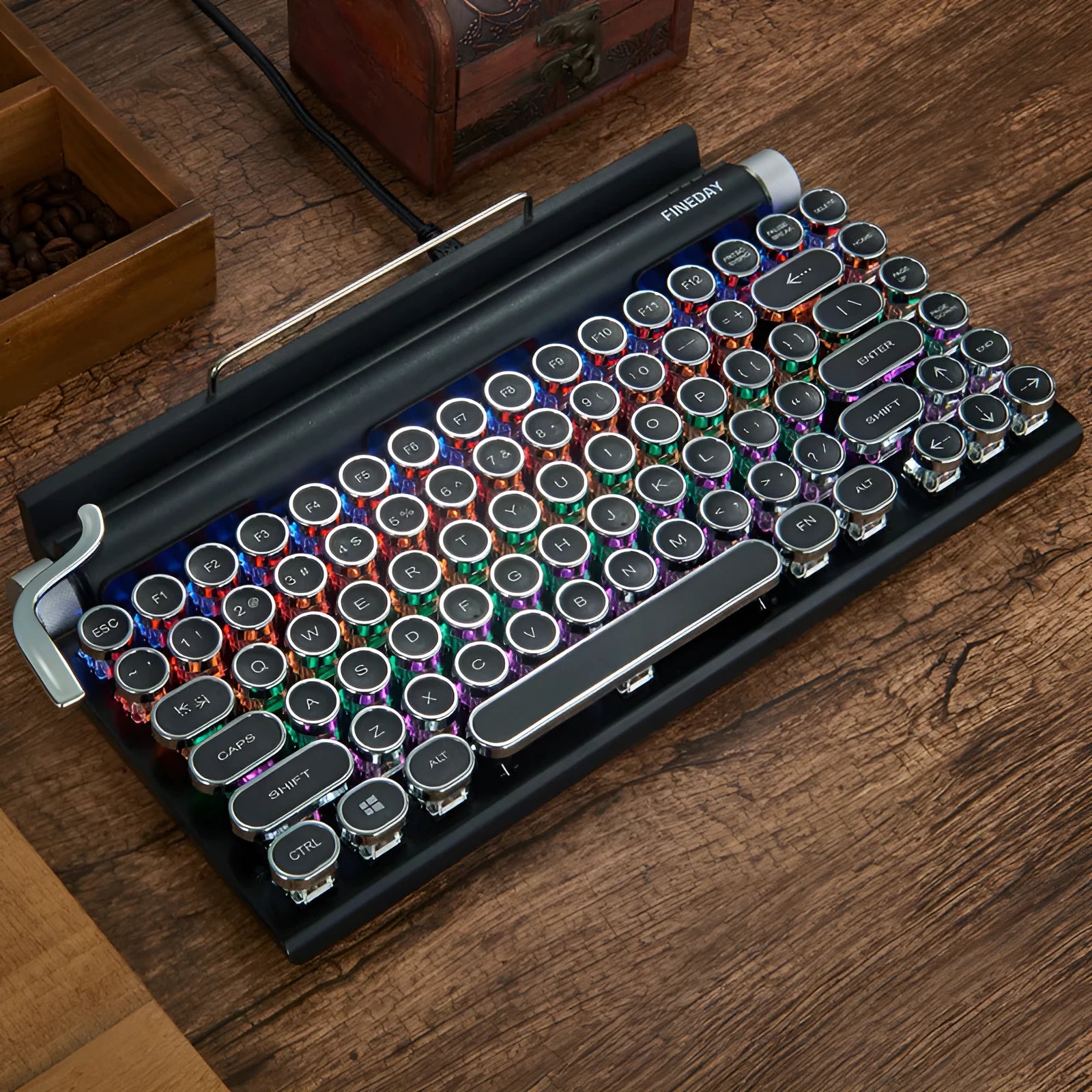 Dot retro Bluetooth mechanical keyboard with black metal casing and seven-colour backlit keys