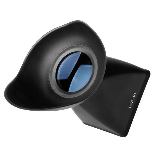 Black camera framing amplifier viewfinder magnifier attached to a DSLR LCD screen.
