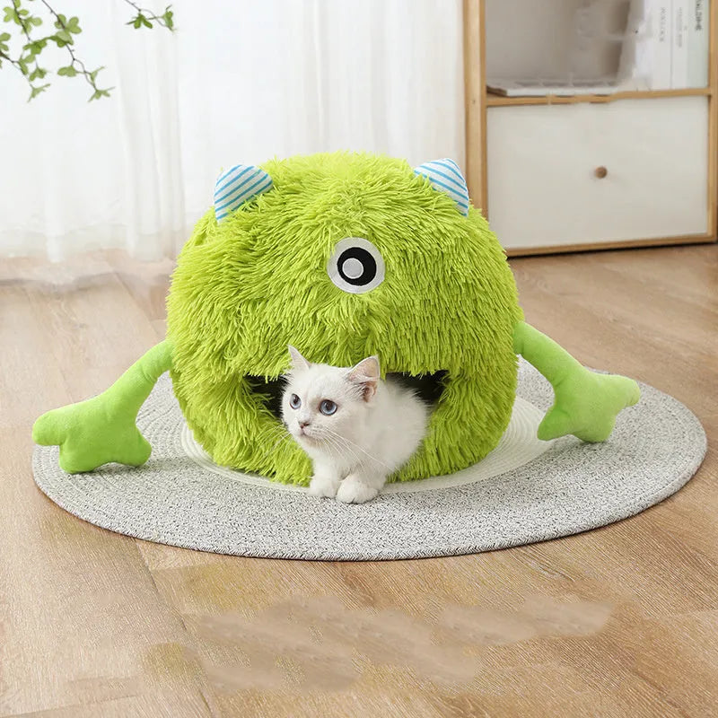 Fluffy round cat bed with non-slip base in three size options