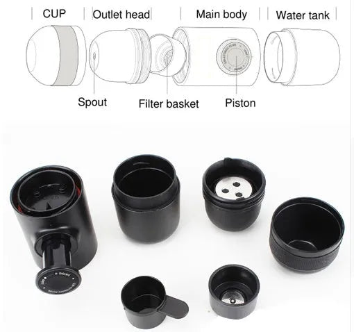 Black portable manual coffee machine showing compact 6cm design with pressure system for travel brewing
