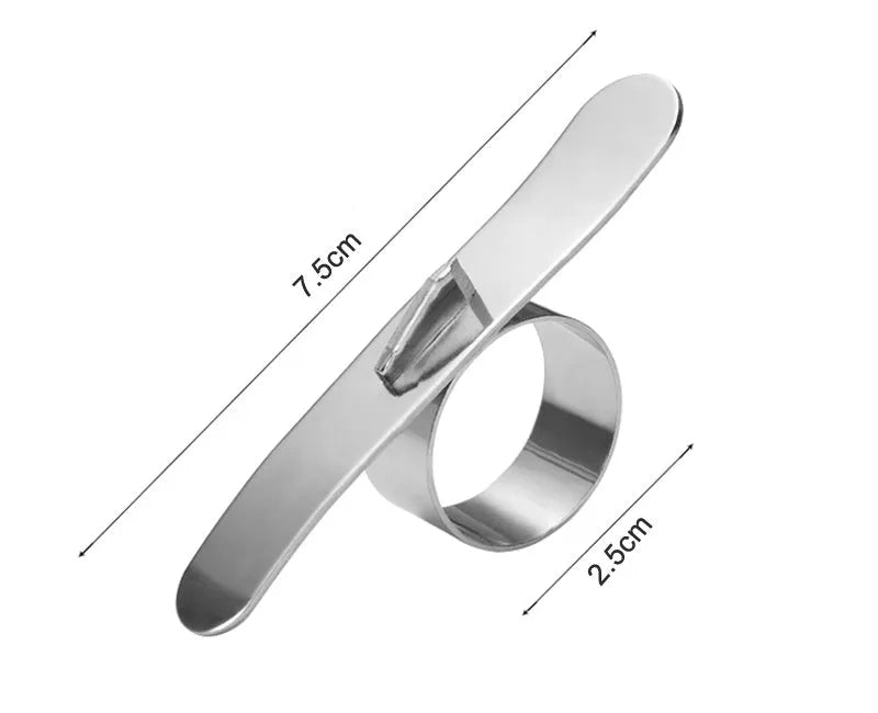 Silver stainless steel finger ring fruit peeler for oranges and pomelos on a kitchen surface.
