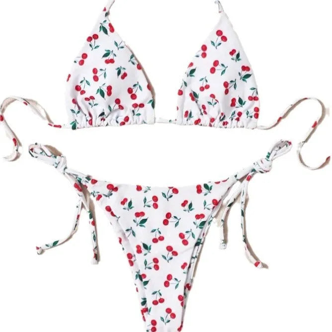 Holiday split halter bikini swimwear set in solid colour with briefs style and backless design