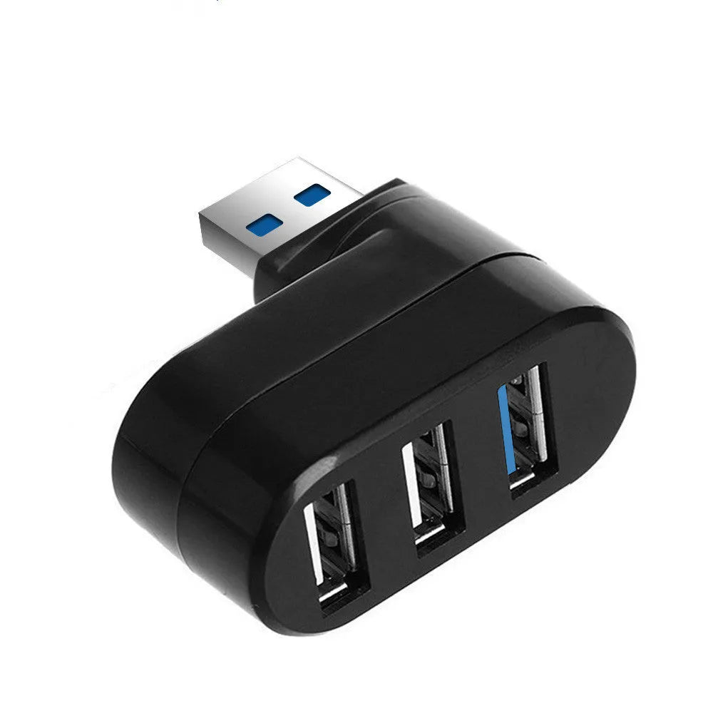 Black rotating USB hub with four ports on a white background.
