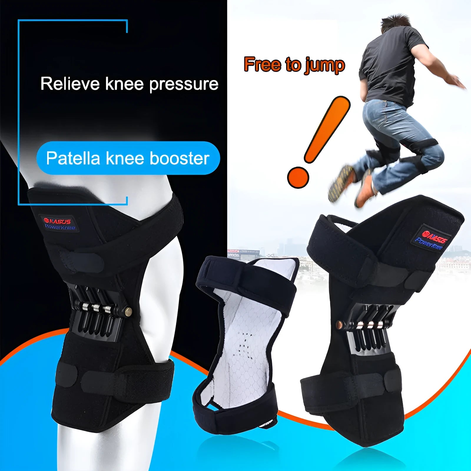 Adjustable knee brace with spring support system for mountaineering and sports activities