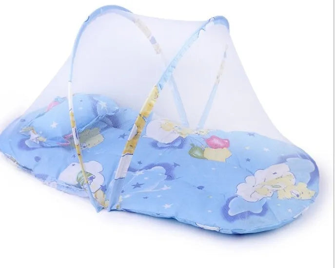 Foldable baby mosquito net tent with stainless steel frame in blue colour.