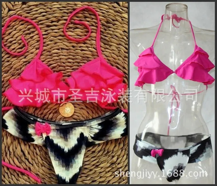 Women's bikini swimsuit split style two piece in black, rose red, white, and yellow color options