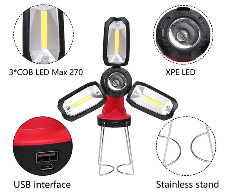 Red LED camping light with 8 lighting modes and built-in 18650 battery, shown in table lamp position