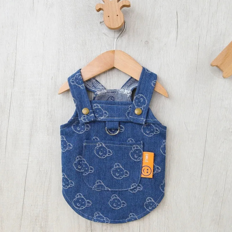 Denim princess dress for small dogs in bracket skirt style with spring autumn seasonal design