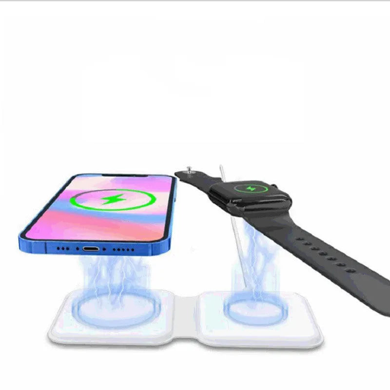 White folding dual magnetic wireless charging dock showing 180-degree angle adjustment