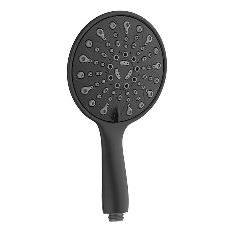 A portable handheld shower head with an electroplated metallic finish, showing its spray face and hose connection.
