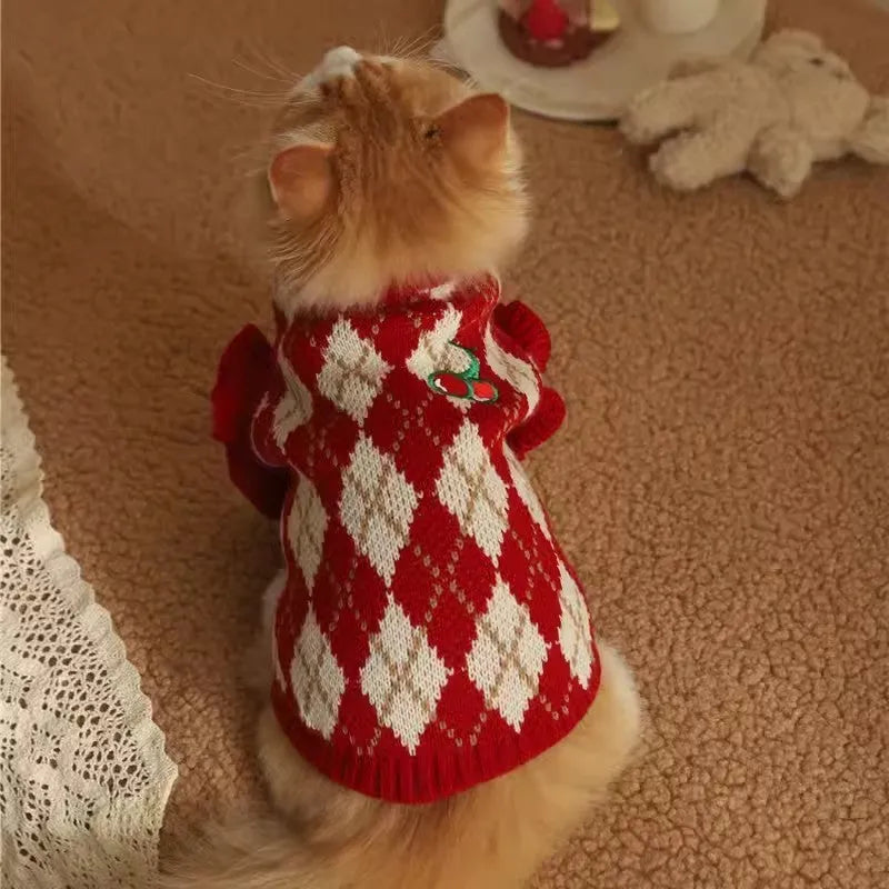 Red cat sweater with embroidered cherry pattern showing size chart for XS to XL.
