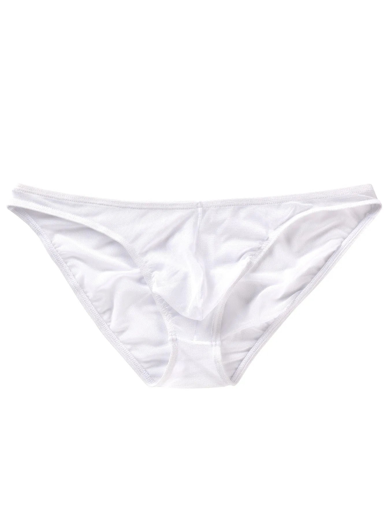 Mannequin wearing black low waist ice silk nylon men's briefs, showing triangle brief style.