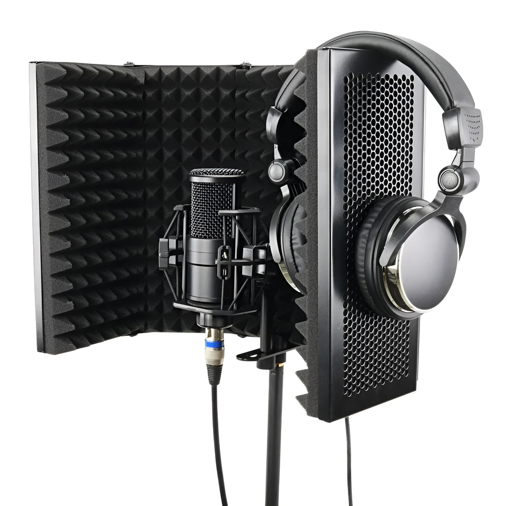 Black 5-door microphone enclosure with sound absorbing foam panels measuring 36 x 28 cm on a microphone stand