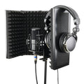 Black 5-door microphone enclosure with sound absorbing foam panels measuring 36 x 28 cm on a microphone stand