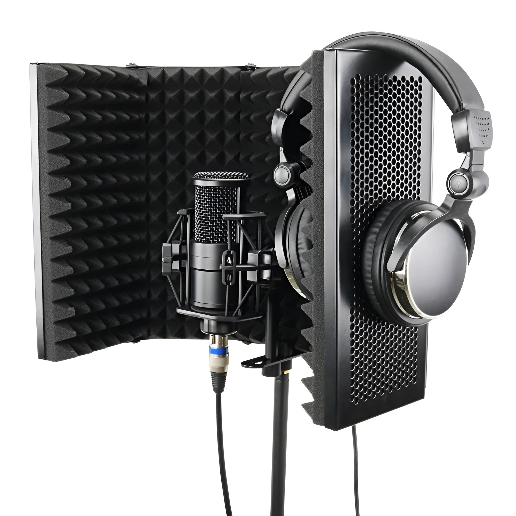 Black 5-door microphone enclosure with sound absorbing foam panels measuring 36 x 28 cm on a microphone stand