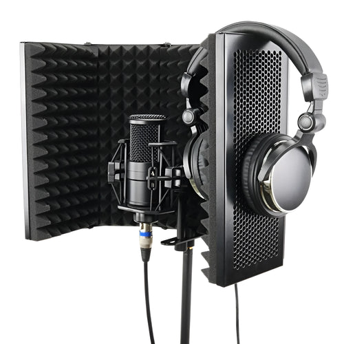 Black 5-door microphone enclosure with sound absorbing foam panels measuring 36 x 28 cm on a microphone stand