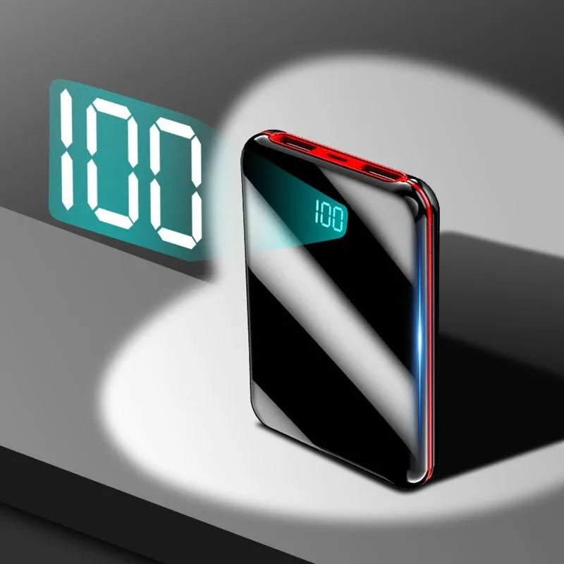 Mini LCD display power bank showing battery percentage on screen in black, red or white colours