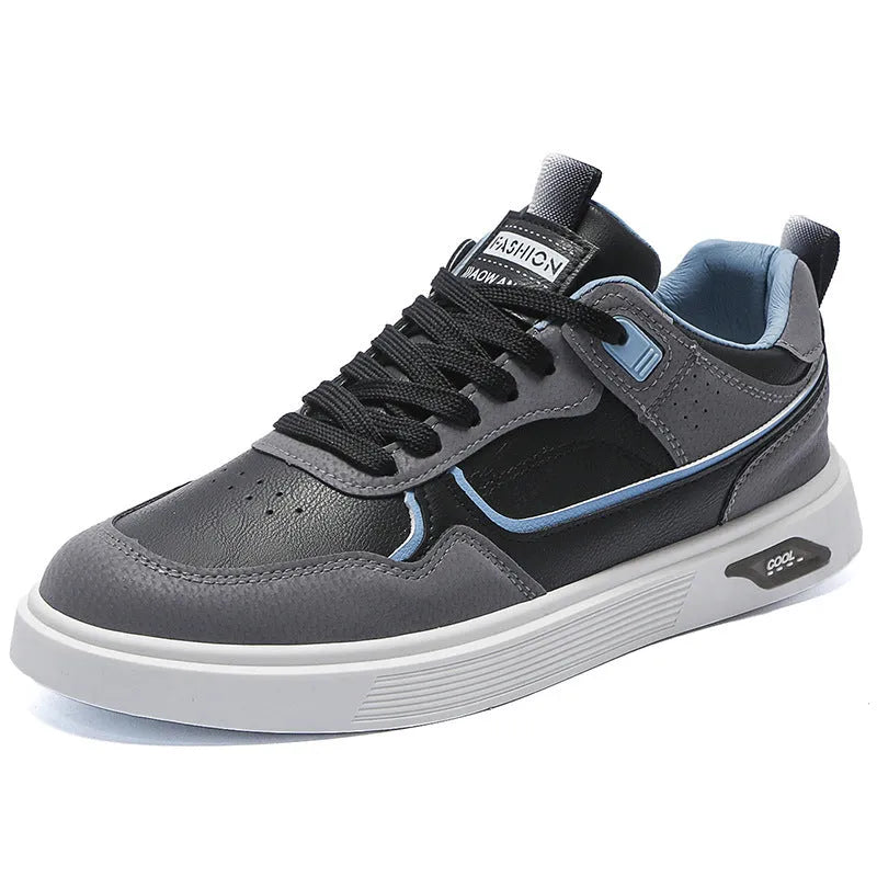 Men's low-top canvas board shoes in black, beige, or grey with round toe and leather stitching.