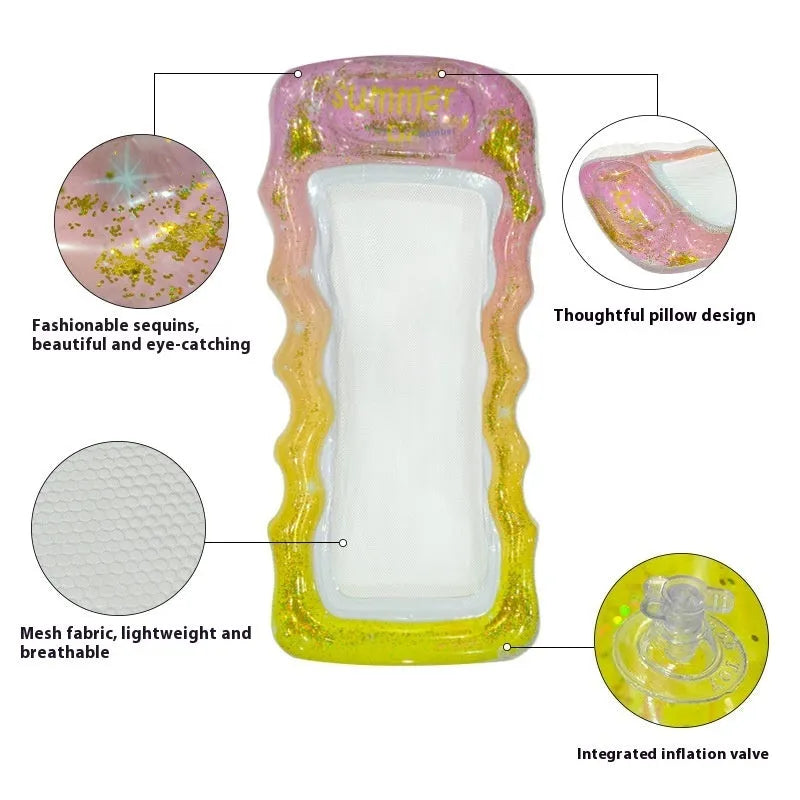 PVC thick sequins wave inflatable floating row pool lounge with canopy in gradient colours