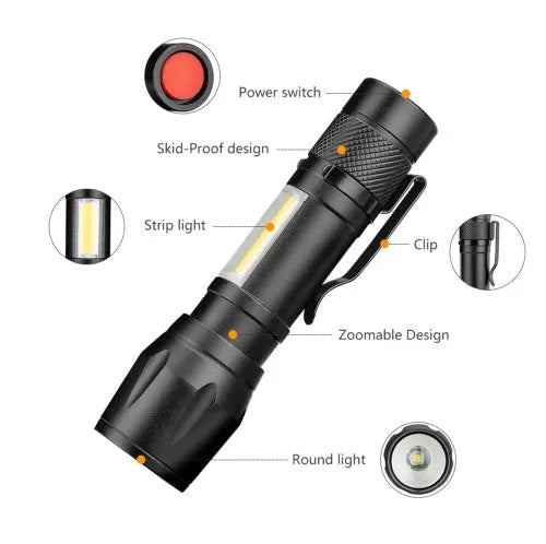 Black mini aluminium telescopic LED flashlight with clip shown extended and collapsed.