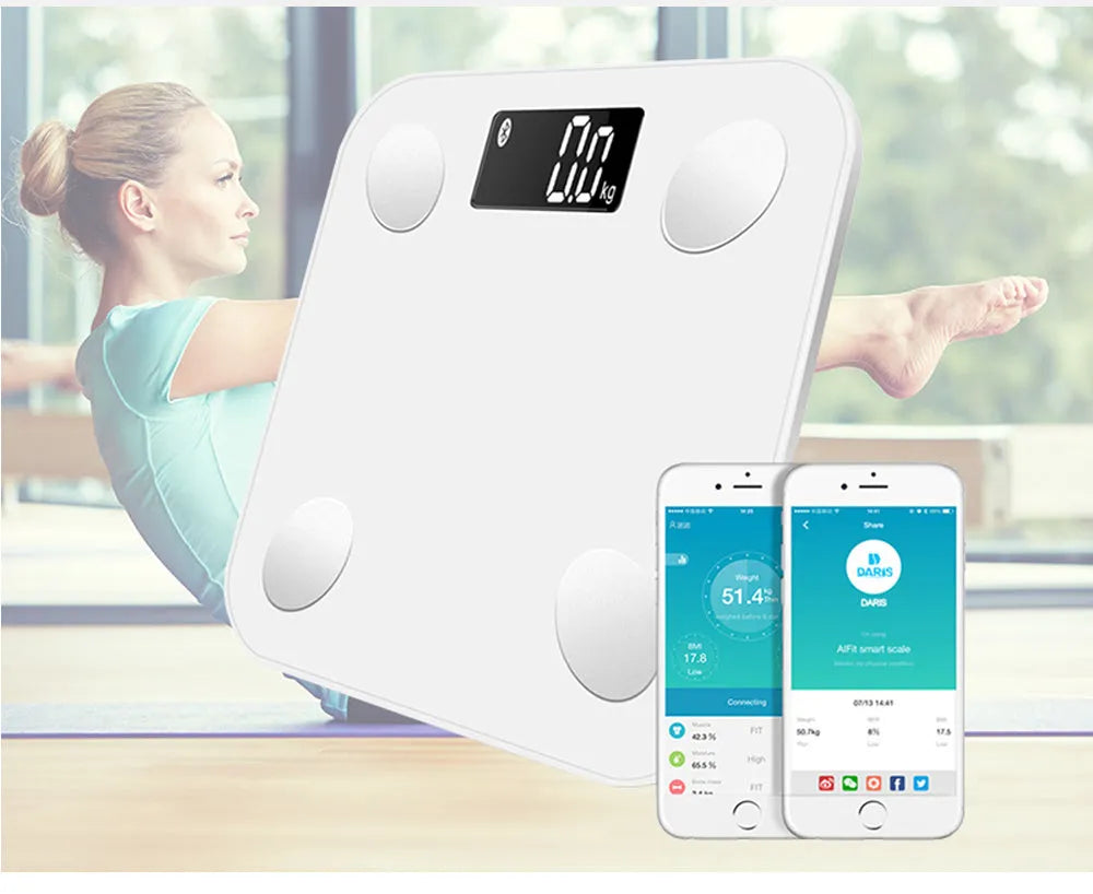 White square electronic weight scale with LCD display showing weight and body fat data