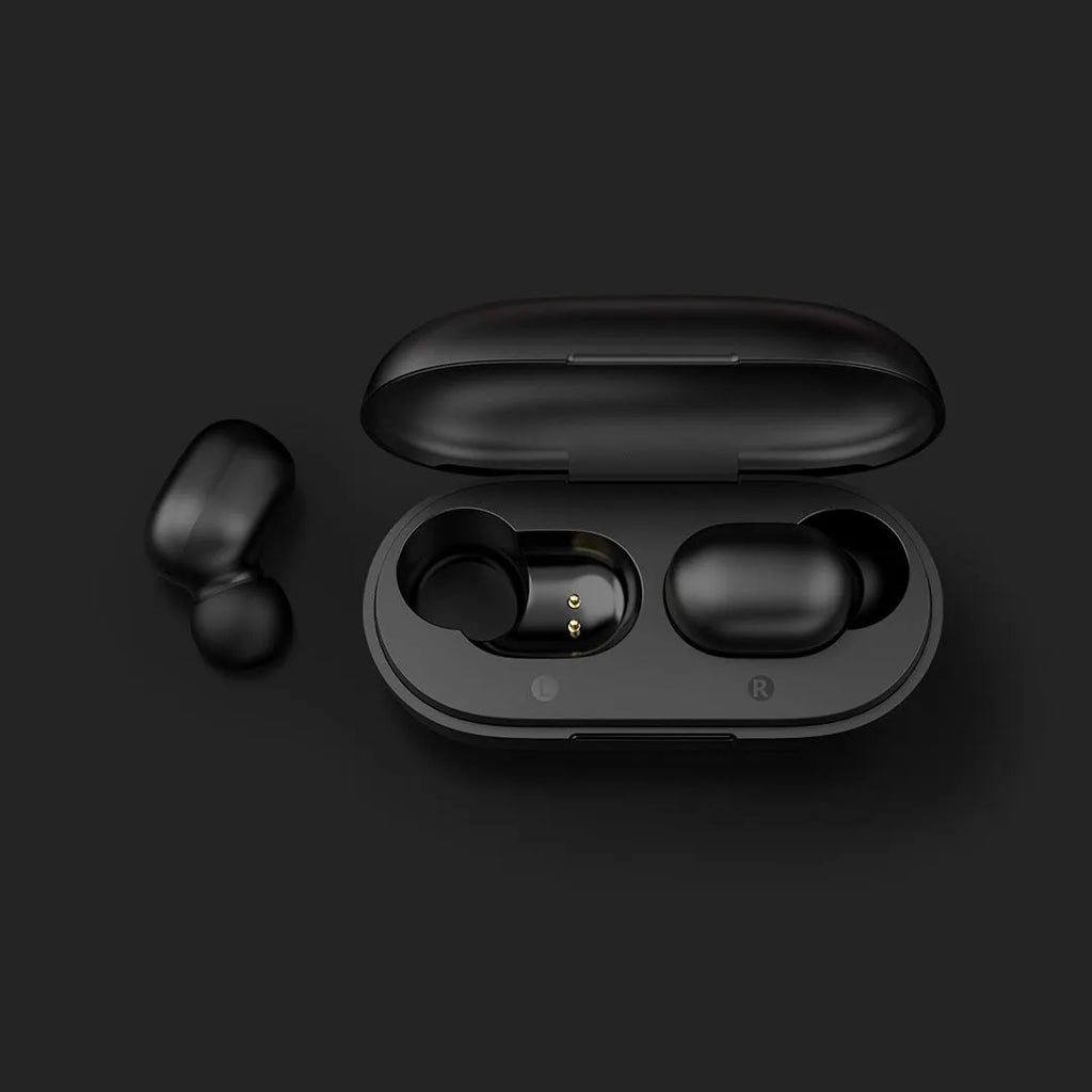 Black true wireless Bluetooth stereo earbuds with bilateral design