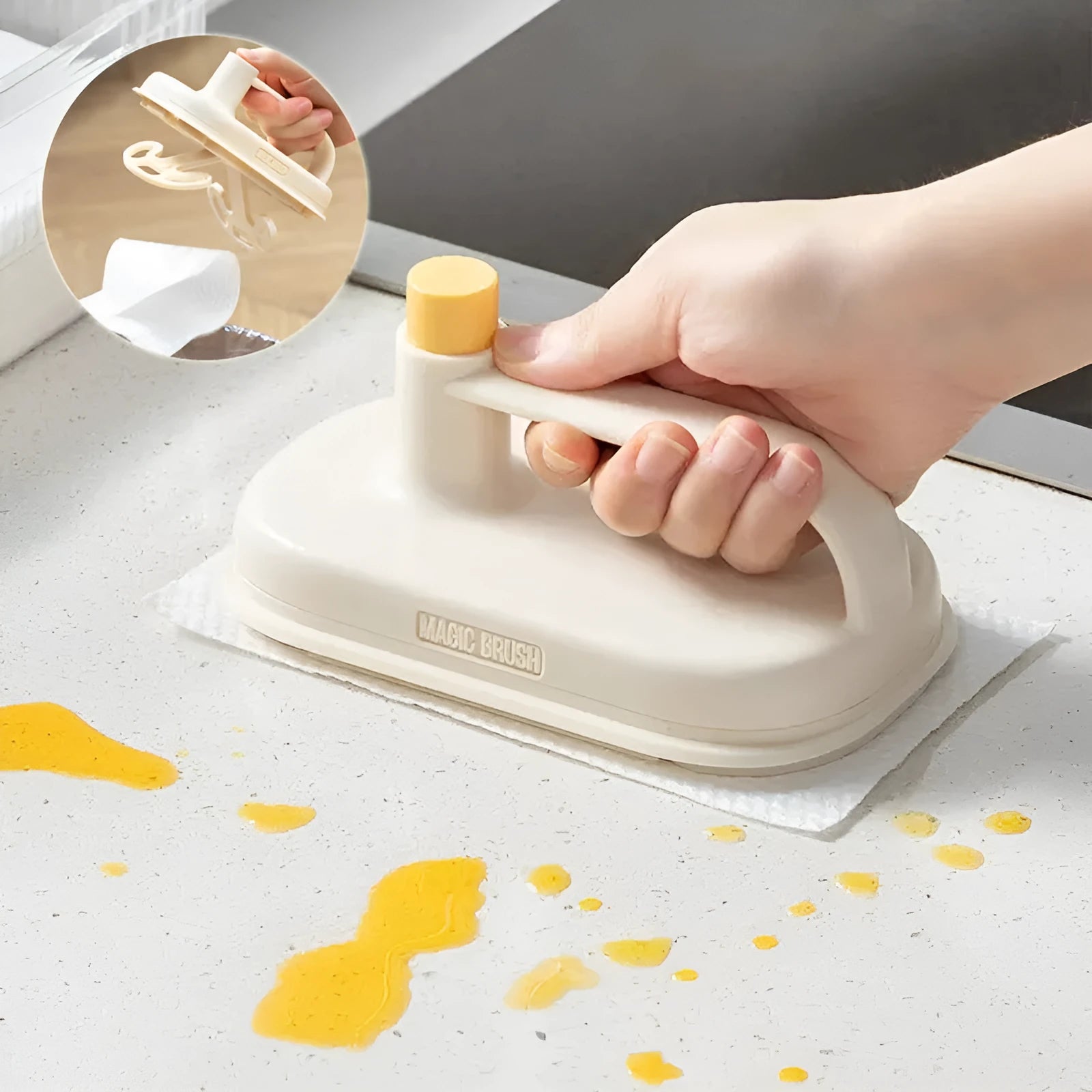 Magic Brush disposable cleaning tool with plastic handle, 50 white non-woven rags, and a storage box holder.
