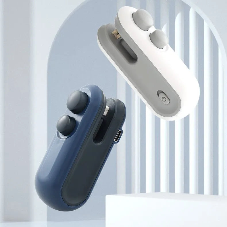 Blue and white handheld USB rechargeable heat sealer for sealing chip bags and food storage packets.