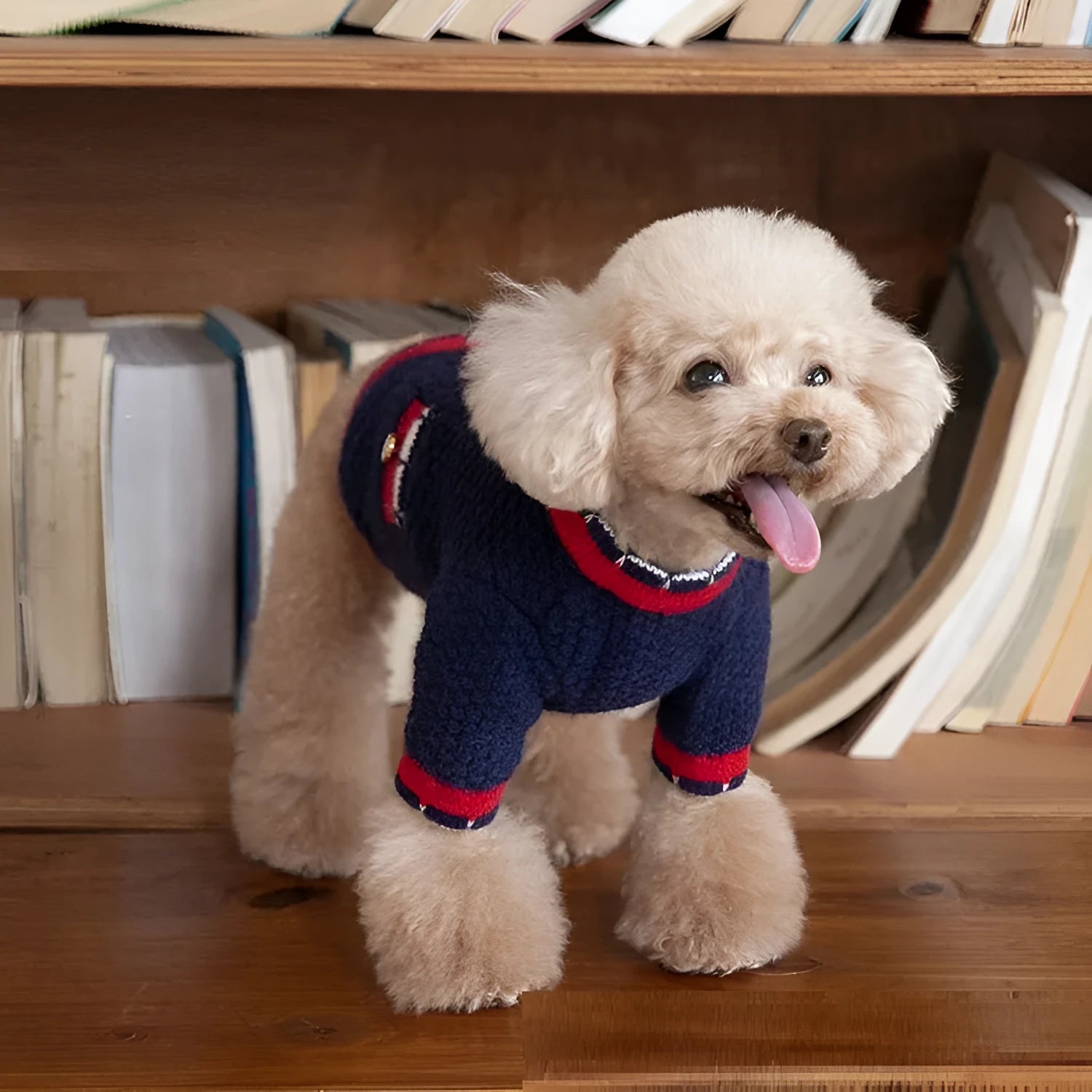Blue wool dog cardigan sweater with princess-style collar on a mannequin