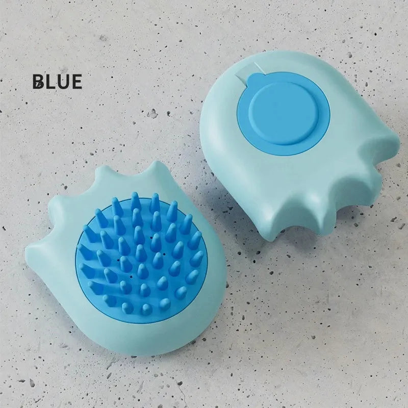 Pet bath brush with shampoo compartment in blue, orange, or yellow measuring 9x8x5.3cm