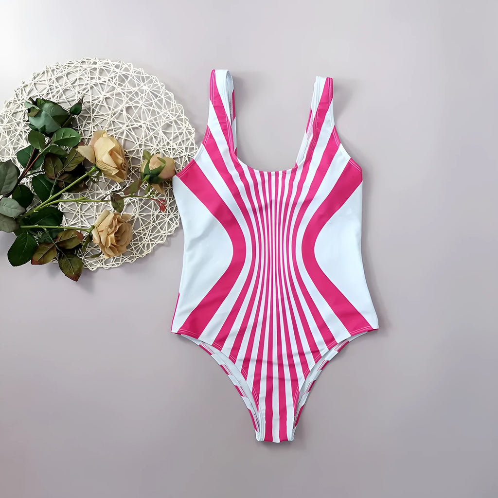 Women's pink striped one-piece swimsuit with digital printing front and back