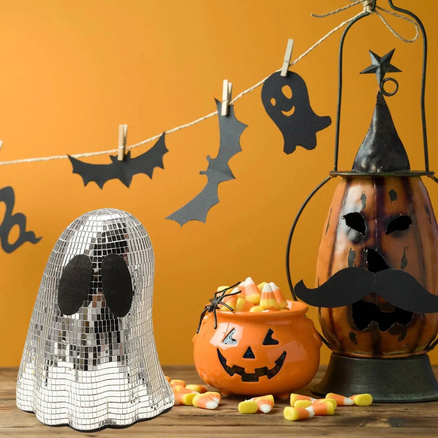 Silver Halloween ghost desktop decoration made from reflective embroidered glass in large and small sizes