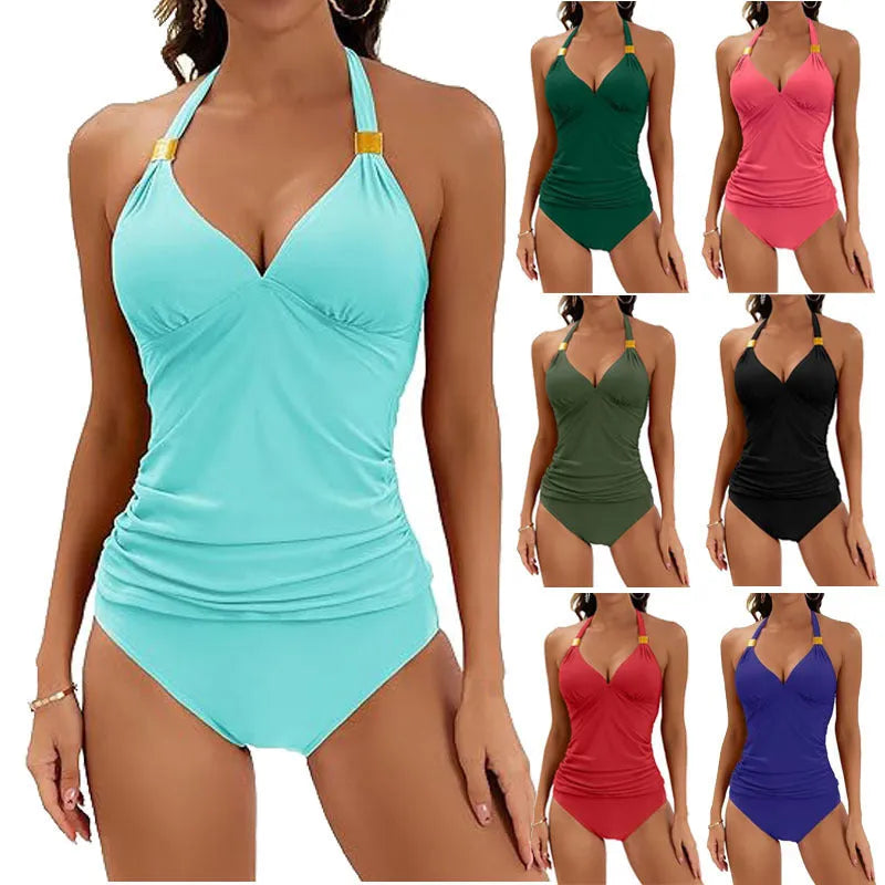 Women's halter neck two-piece swimsuit with tie front and high-waisted shorts in solid colour