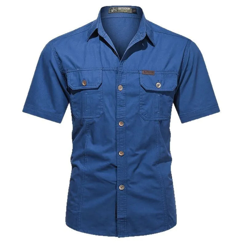 Men's short sleeve cotton shirt in army green colour, showing loose fit and cardigan style on a hanger.