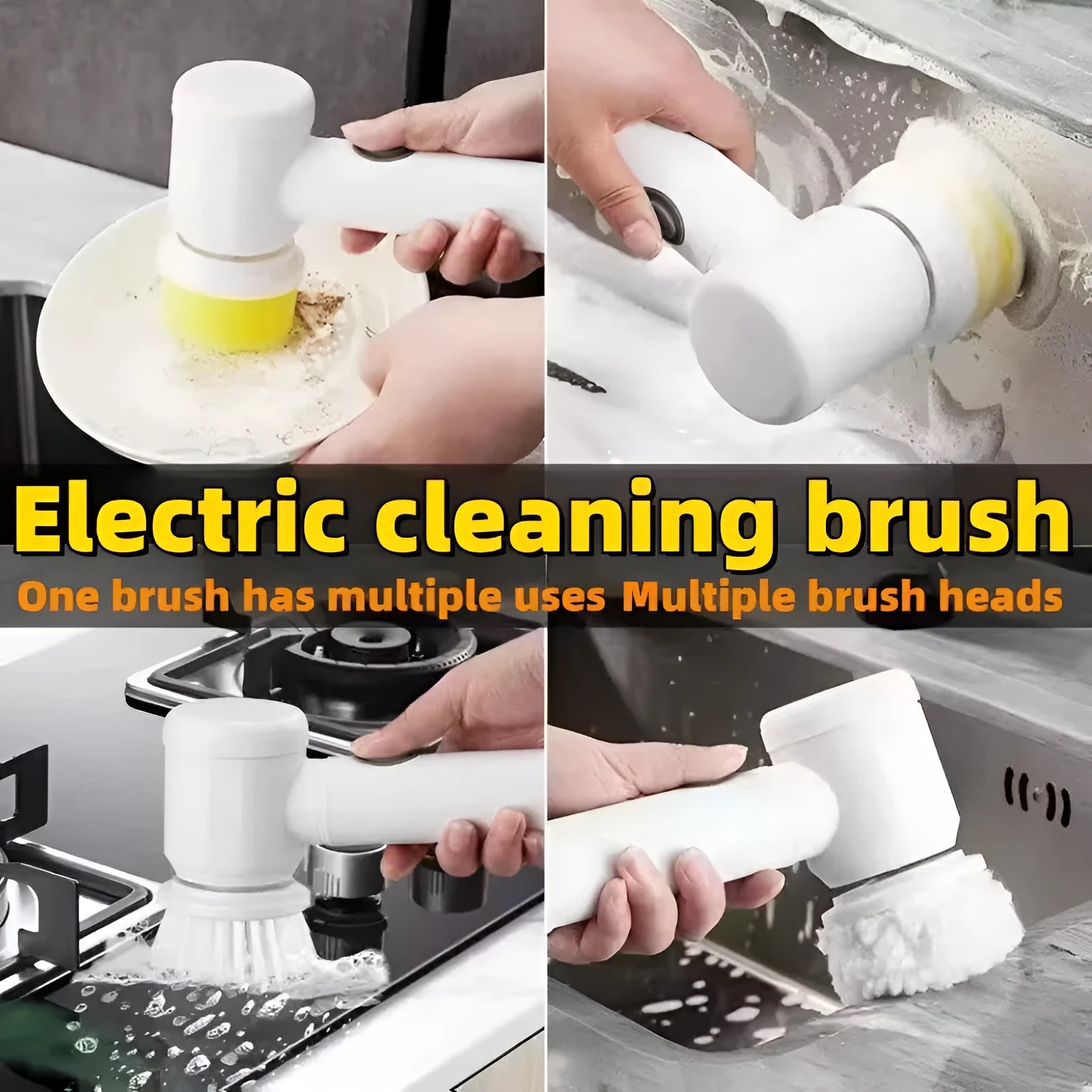 White electric cleaning brush with three interchangeable brush heads for household cleaning tasks