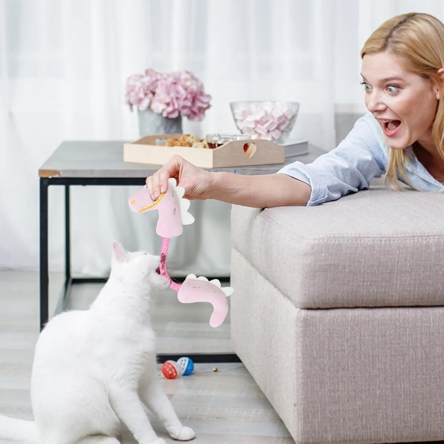 Four-piece cat toy bundle with plush fish, bunny, mouse, rope and spring toys for indoor cats