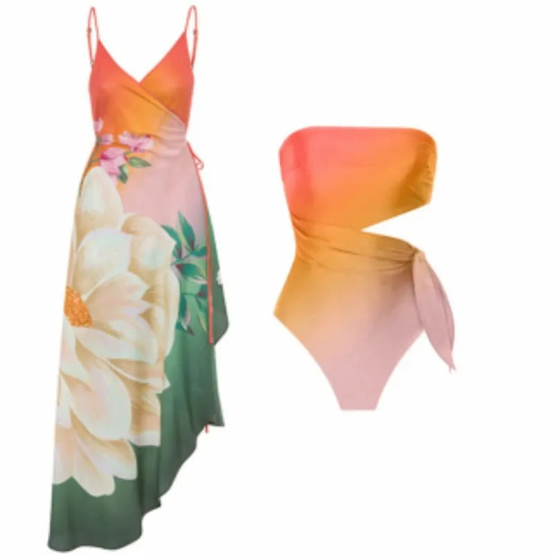 Women's retro floral print one-piece swimsuit in quick-drying polyester fabric