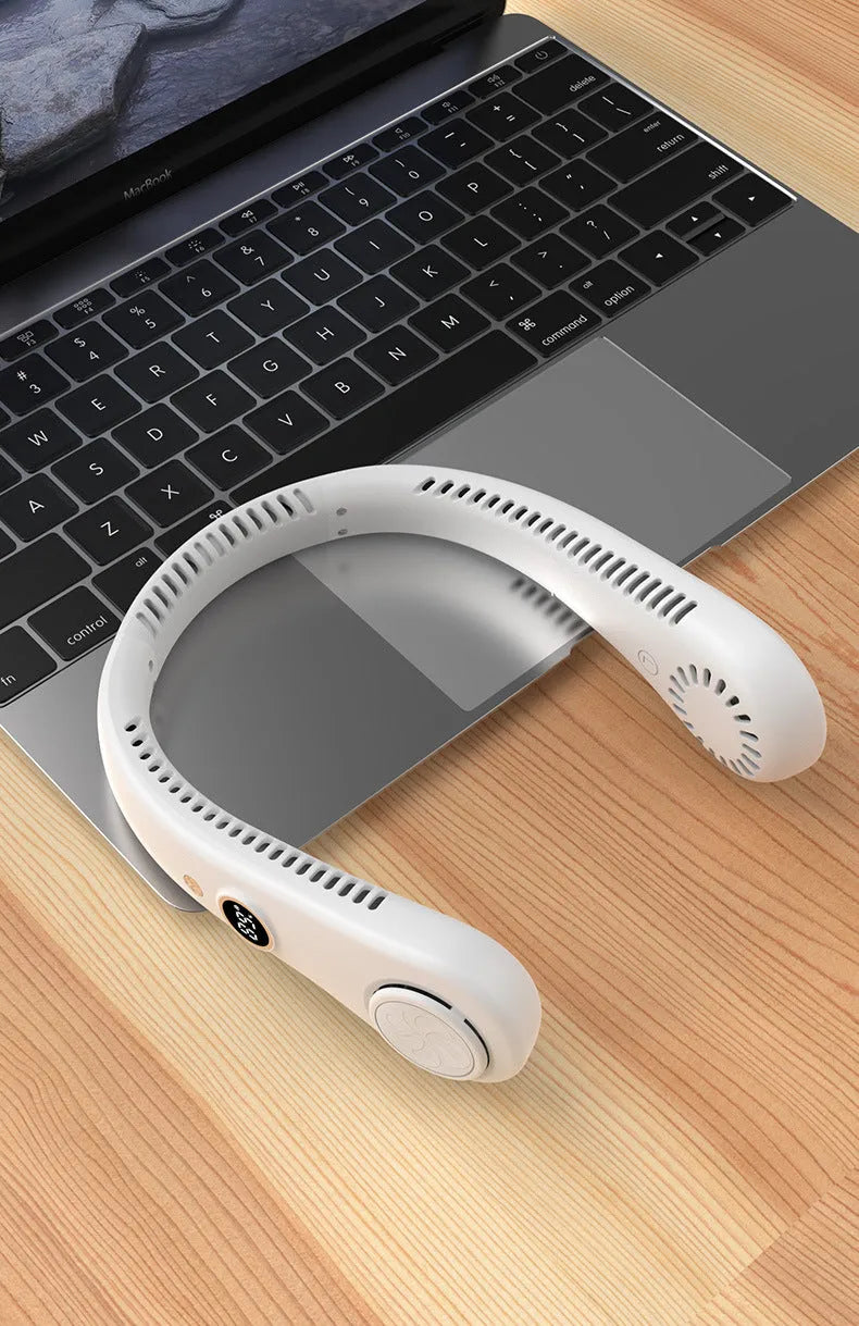 Pink USB rechargeable bladeless neck fan with flexible neckband.