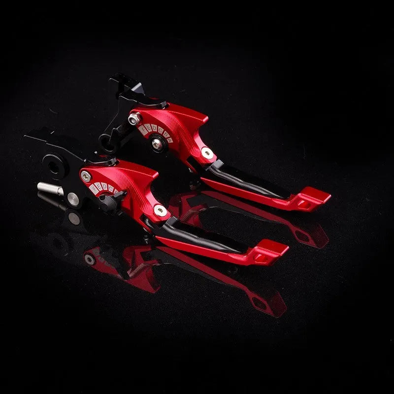 Pair of anodised aluminium motorcycle brake and clutch levers with six-speed adjustable length mechanism