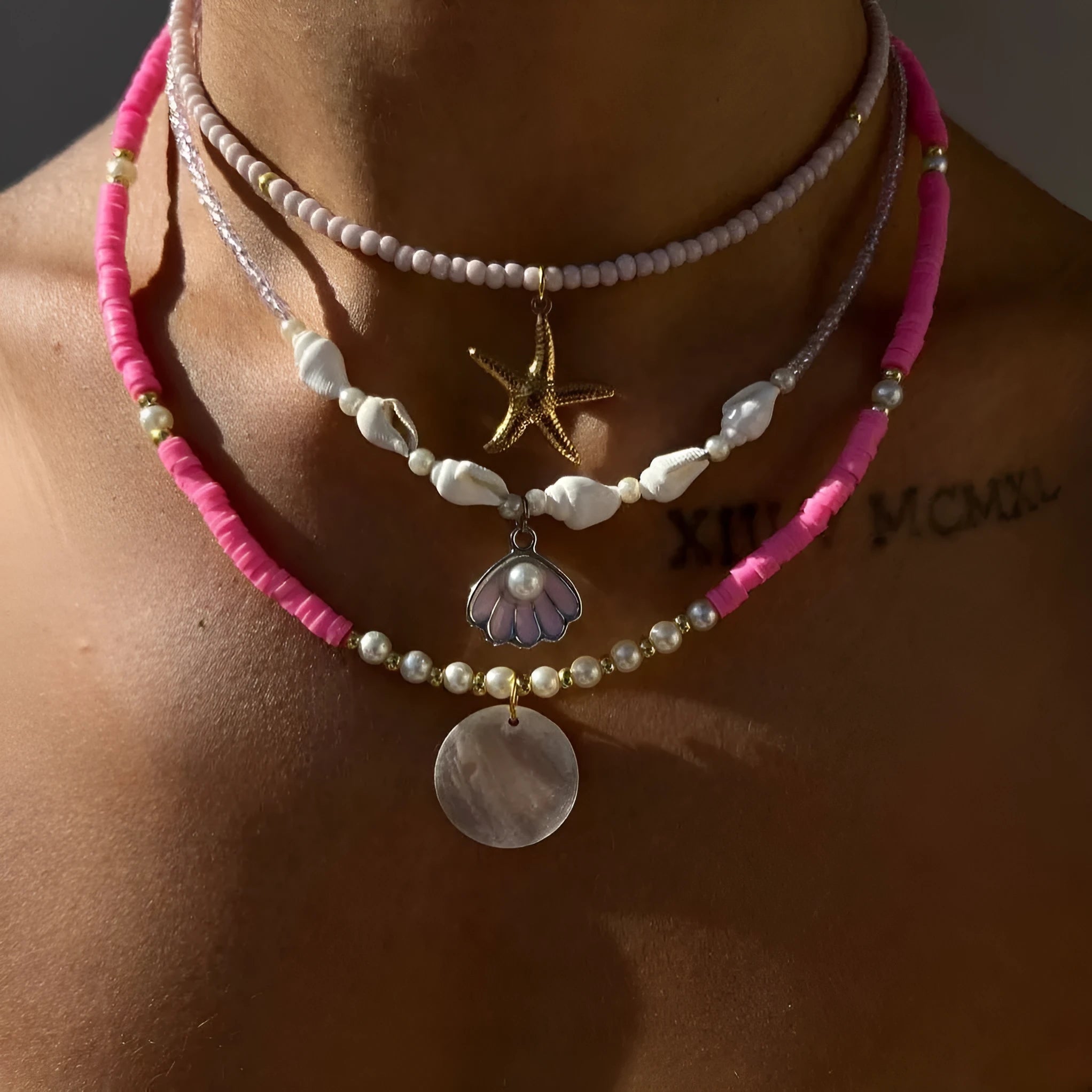 Polymer clay beaded multi-layer necklace with geometric alloy pendant, adjustable 41-50cm, for women