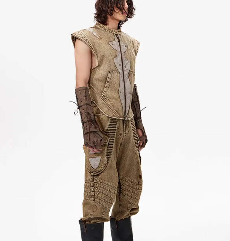 Men's Korean style cotton denim pleated vest with water wash finish in picture colour